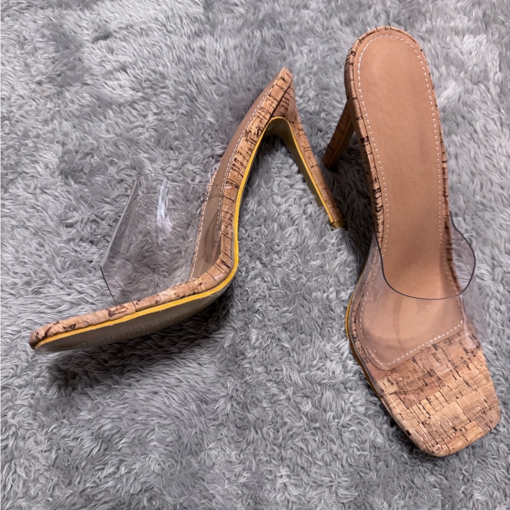 Elegant Tan Cork Women's Clear Heels Mule